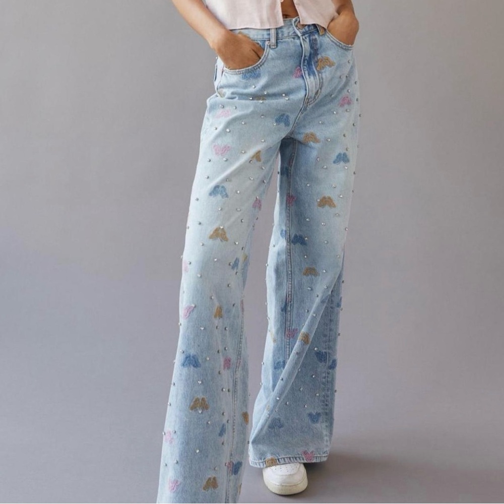 BDG Y2k Blue Denim Jeans w/ Embroidered Butterflies & Sparkly Studs